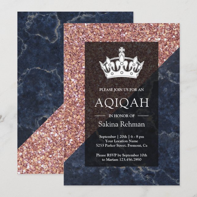 Convite Falso Glitter Dourado Rosa Mármore Azul Aqiqah (Frente/Verso)