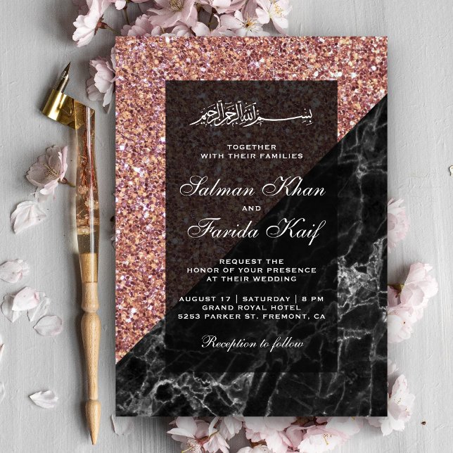 Convite Falso Glitter Dourado Rosa Mármore Preto Casamento (Criador carregado)