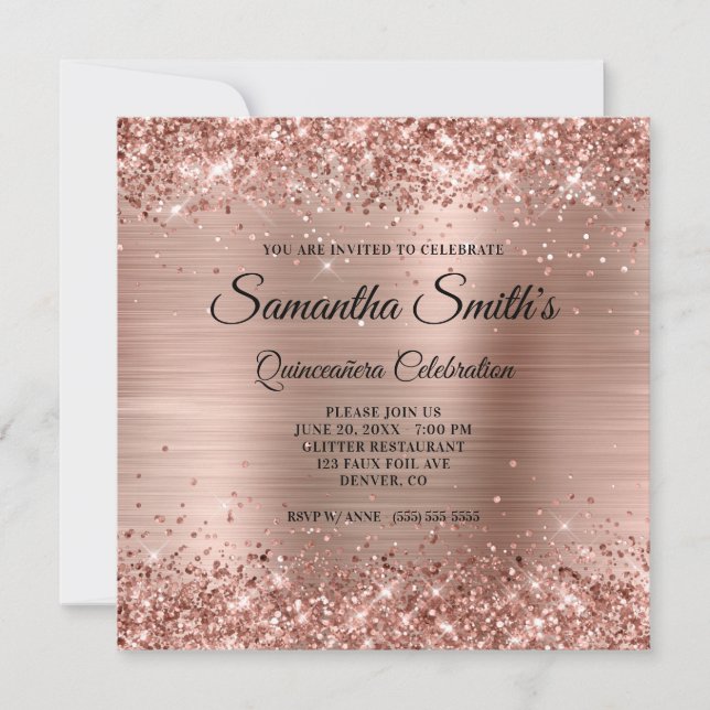 Convite Falso Glitter Rosa Dourado e Quinceañera de Folha (Frente)