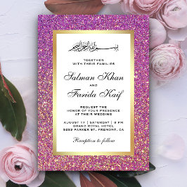 Convite Falso Glitter Roxo Folha de Ouro Casamento Islâmic