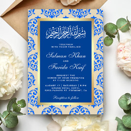 Convite Falso Papel Alumínio Azul Damask Casamento Islâmic
