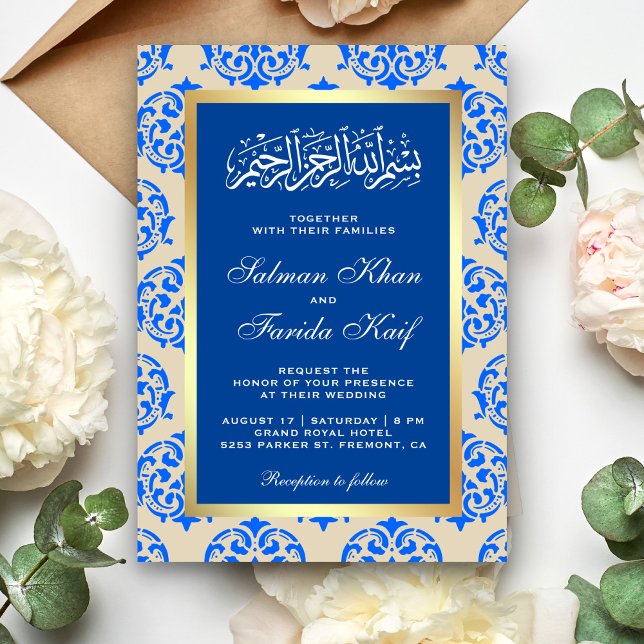 Convite Falso Papel Alumínio Azul Damask Casamento Islâmic (Criador carregado)