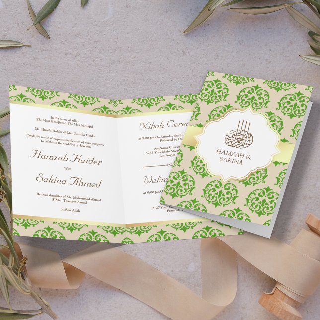 Convite Falso Papel Ouro Pérola Verde Damasco Casamento Mu (Criador carregado)