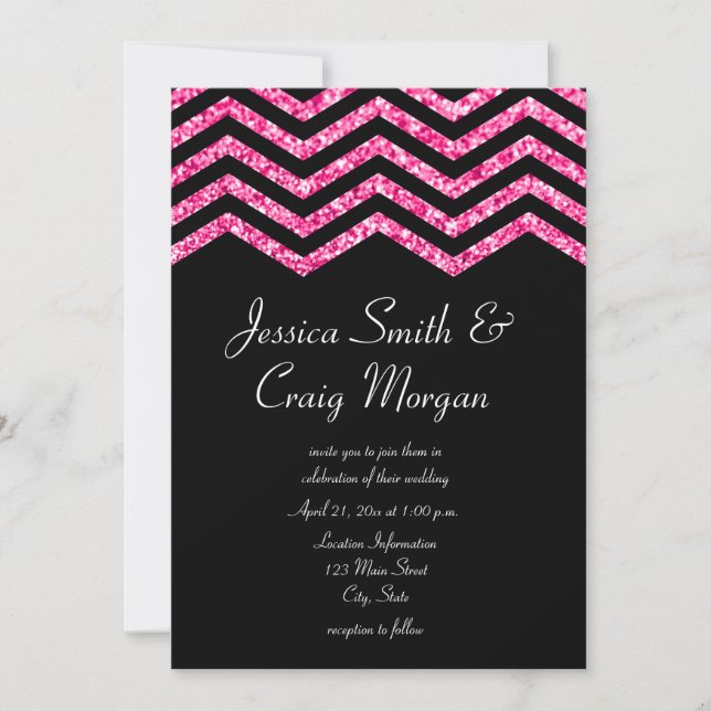 Convite Falso Rosa Quente e Preto Glitter Chevron Casament (Frente)