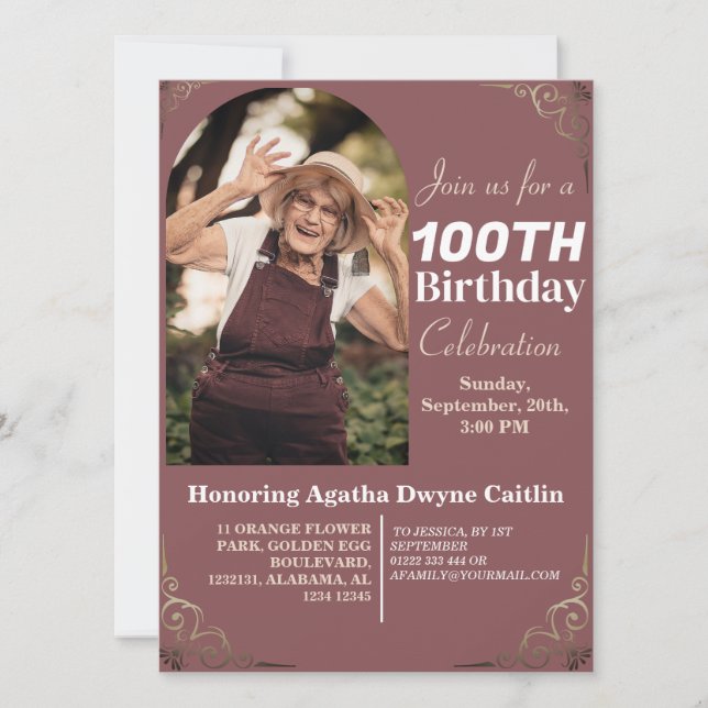 Convite Família 100ª Foto Elegante Simples Festa de aniver (Frente)