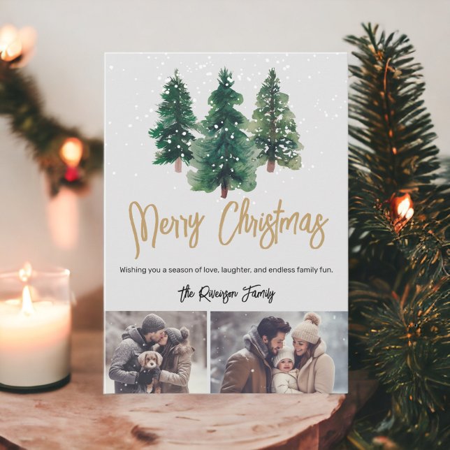 Convite Família de árvores de natal elegantes da neve 2 fo (Snow elegant christmas trees family 2 photos Invitation)