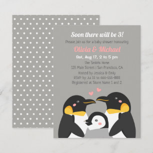 Convite Família de Pinguins de Três Chuveiro de Bebê Cinza