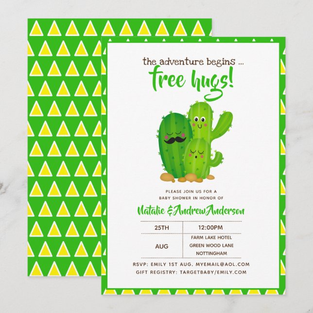 Convite Família Free Hugs Cactos Verde Moderno (Frente/Verso)