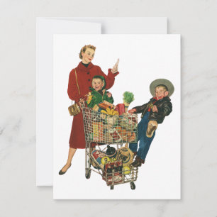 Convite Família Retro, Mãe e Crianças Carrinho de Compras 