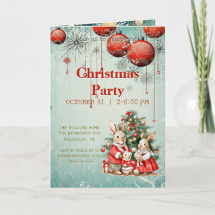 Convite Família vintage de coelhos sob a árvore de Natal