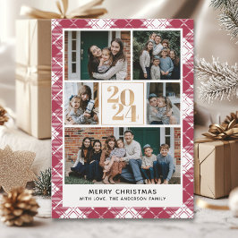 Convite Family Christmas card with 5 Photos Tartan Plaid