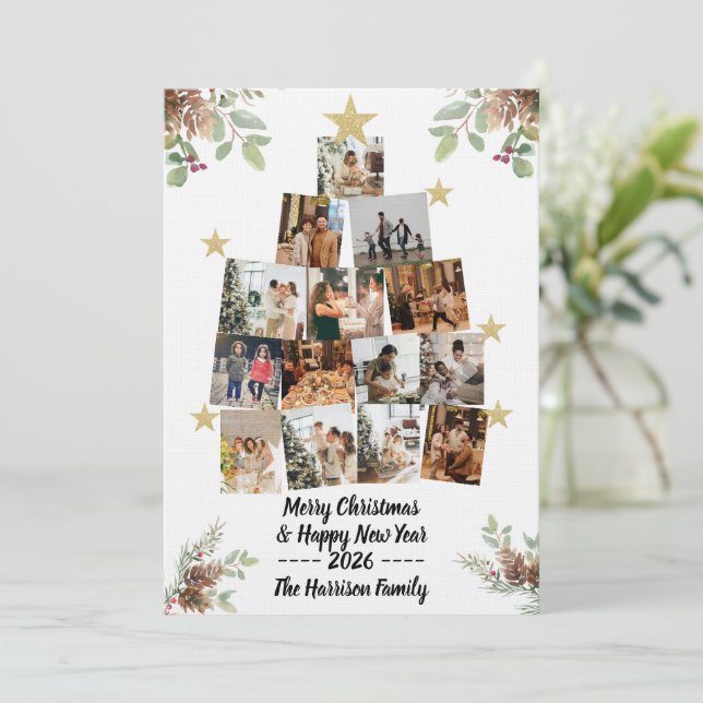 Convite Family Christmas Tree Photo Card Collage (Em pé/Frente)