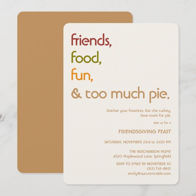 Convite Family, Friends, Turkey, Pie Modern friendsgiving (Frente/Verso)