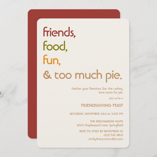 Convite Family, Friends, Turkey, Pie Modern friendsgiving (Frente/Verso)