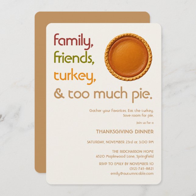 Convite Family, Friends, Turkey, Pie Modern Thanksgiving (Frente/Verso)