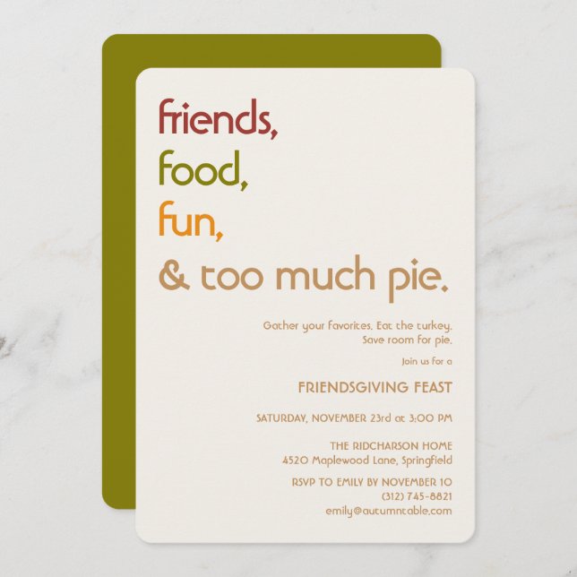 Convite Family, Friends, Turkey, Pie Modern Thanksgiving (Frente/Verso)