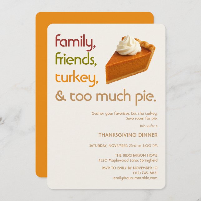 Convite Family, Friends, Turkey, Pie Modern Thanksgiving (Frente/Verso)