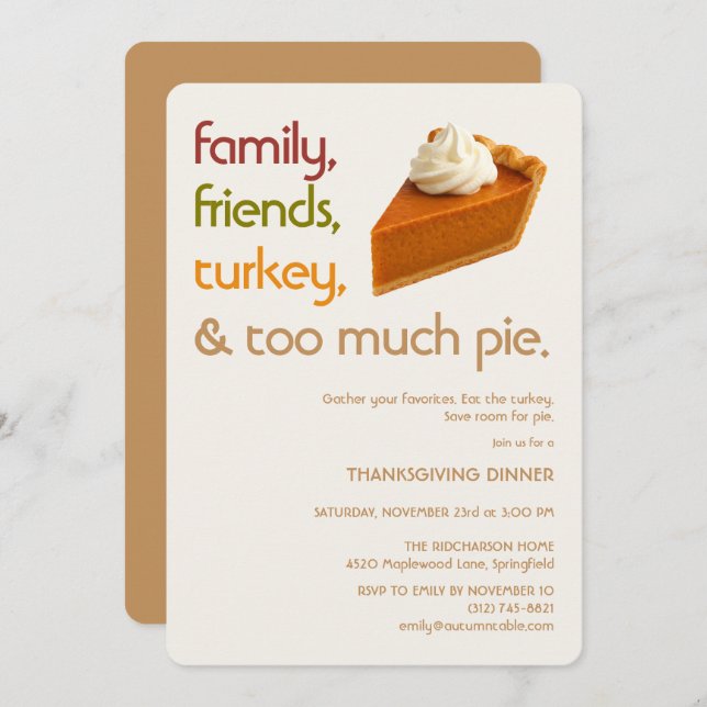 Convite Family, Friends, Turkey, Pie Modern Thanksgiving (Frente/Verso)