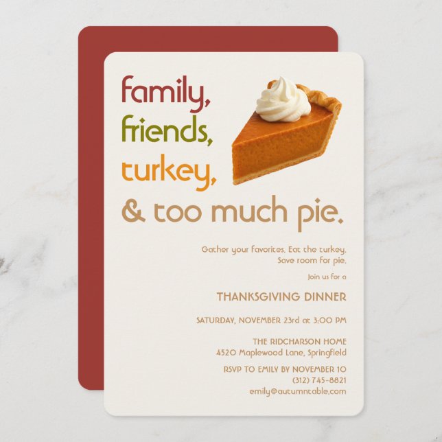 Convite Family, Friends, Turkey, Pie Modern Thanksgiving (Frente/Verso)