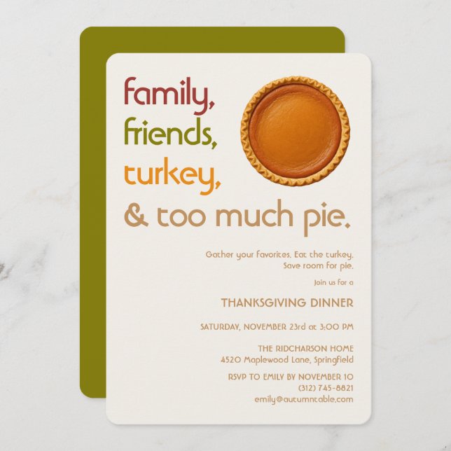 Convite Family, Friends, Turkey, Pie Modern Thanksgiving (Frente/Verso)