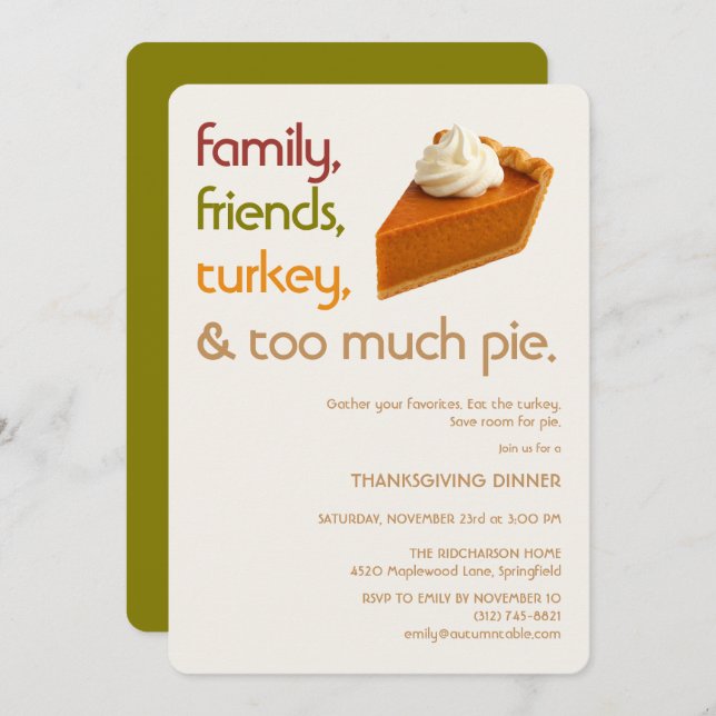 Convite Family, Friends, Turkey, Pie Modern Thanksgiving (Frente/Verso)