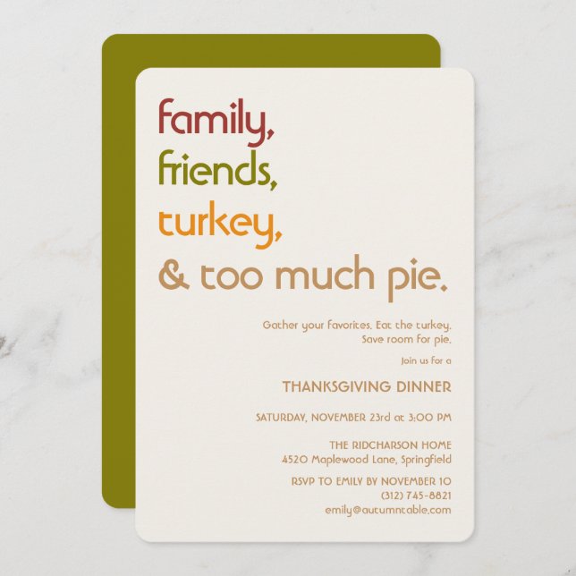 Convite Family, Friends, Turkey, Pie Modern Thanksgiving (Frente/Verso)