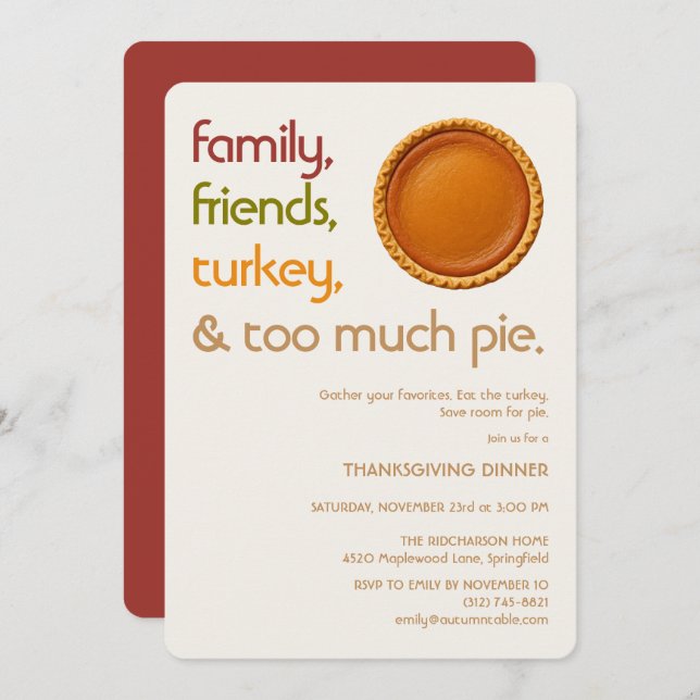 Convite Family, Friends, Turkey, Pie Modern Thanksgiving (Frente/Verso)
