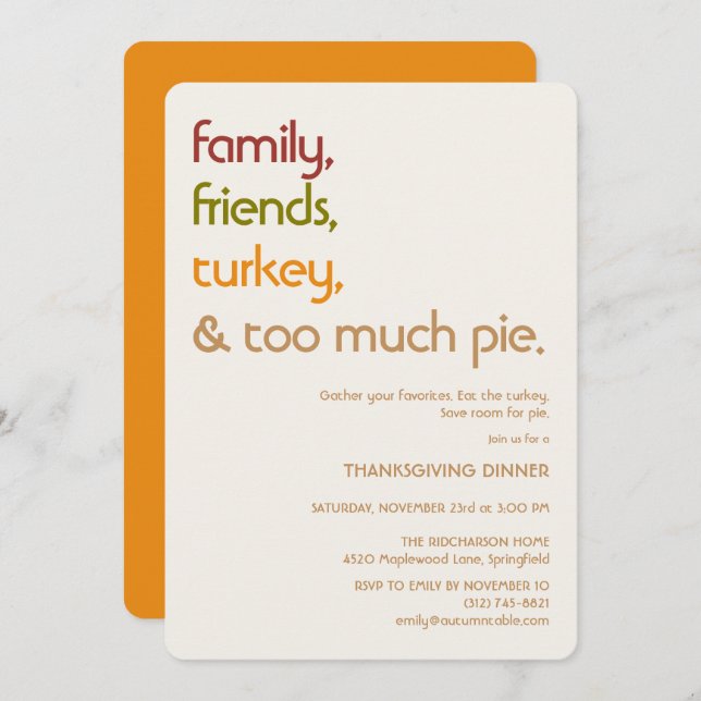 Convite Family, Friends, Turkey, Pie Modern Thanksgiving (Frente/Verso)
