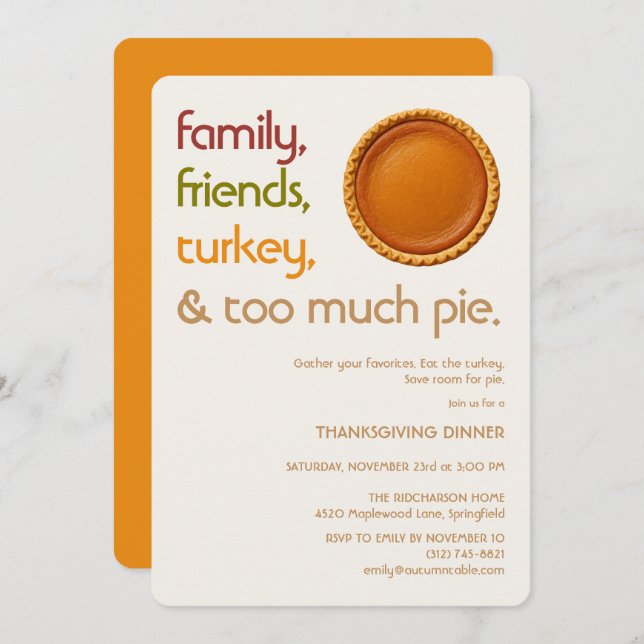 Convite Family, Friends, Turkey, Pie Modern Thanksgiving (Frente/Verso)