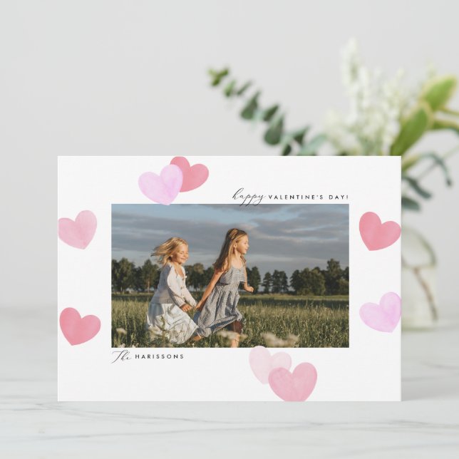 Convite Family Photo Watercolor Hearts Valentines Day Card (Em pé/Frente)