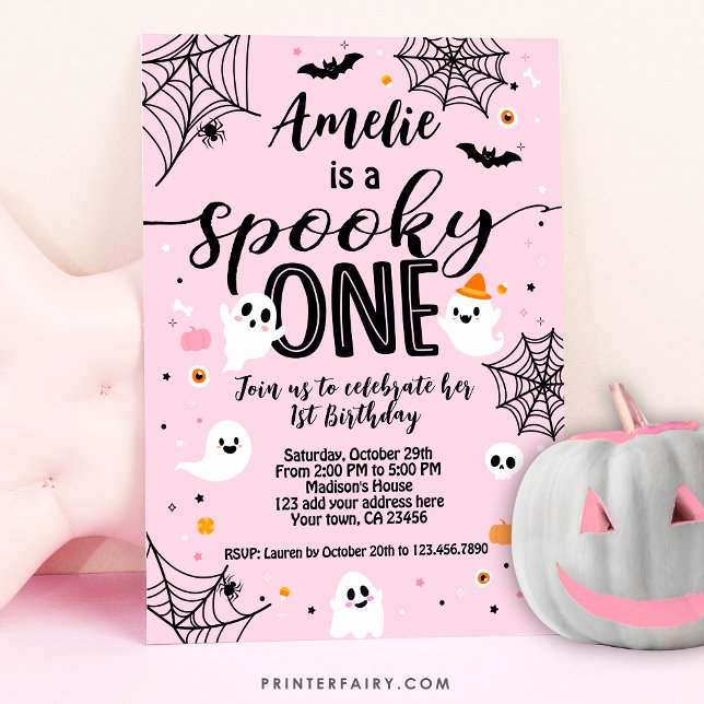 Convite Famoso uno, cumpleaños primários, Halloween rosa (Criador carregado)