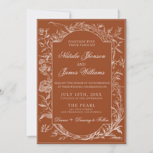 Convite Fancy Burnt Orange Floral Boho Terracotta Wedding (Frente)