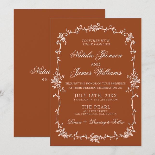 Convite Fancy Burnt Orange Floral Boho Terracotta Wedding (Frente/Verso)