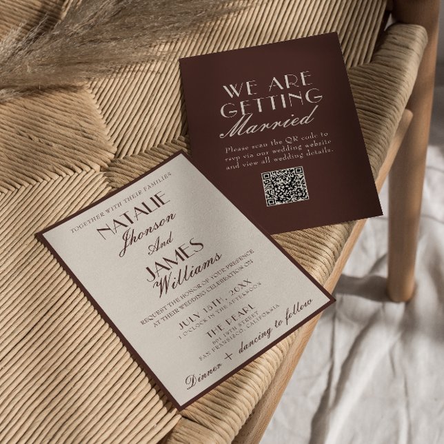 Convite Fancy Chocolate Brown Old Money QR Code Wedding (Criador carregado)