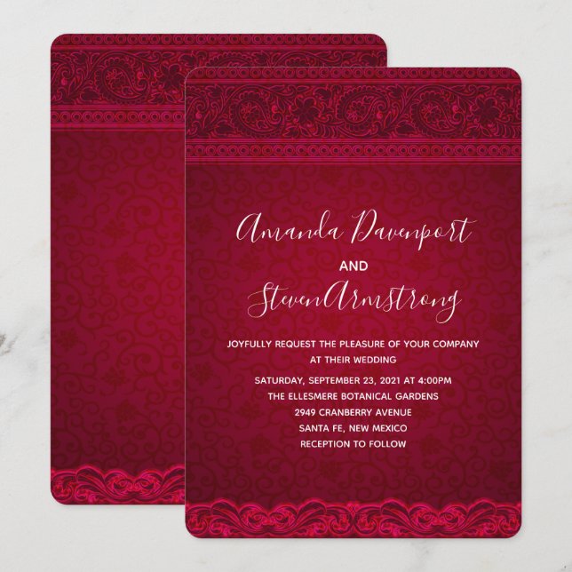 Convite Fancy Elegante Casamento Abstrato Vermelho (Frente/Verso)
