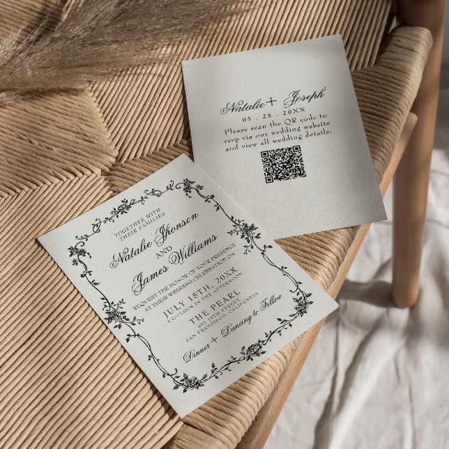 Convite Fancy Floral Black White Botanical QR Code Wedding (Criador carregado)