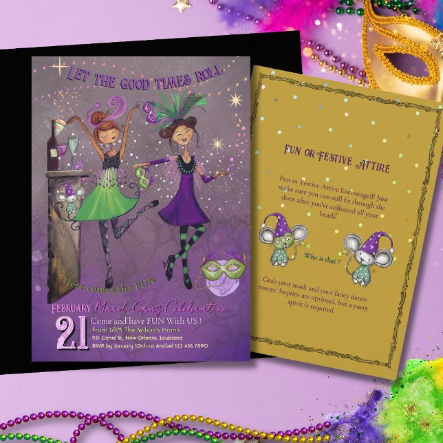 Convite Fancy Mardi Gras Dancing Girls Party Purple (Fancy Mardi Gras Dancing Girls Party Purple Invitation)