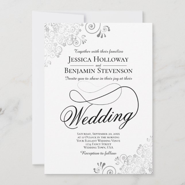 Convite Fancy Script with Flourish Silver & White Wedding (Frente)
