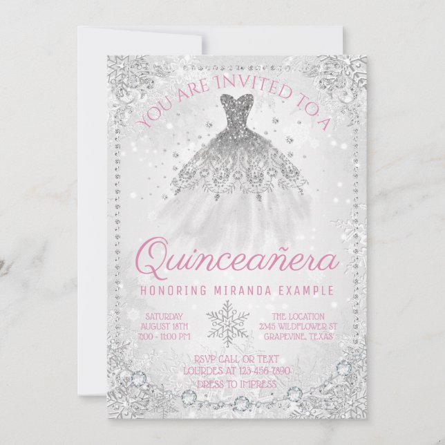 Convite Fancy Winter Wonderland Floco de Neve Quinceanera (Frente)