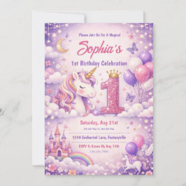 Convite Fantacy Magical Unicorn 1st Birthday