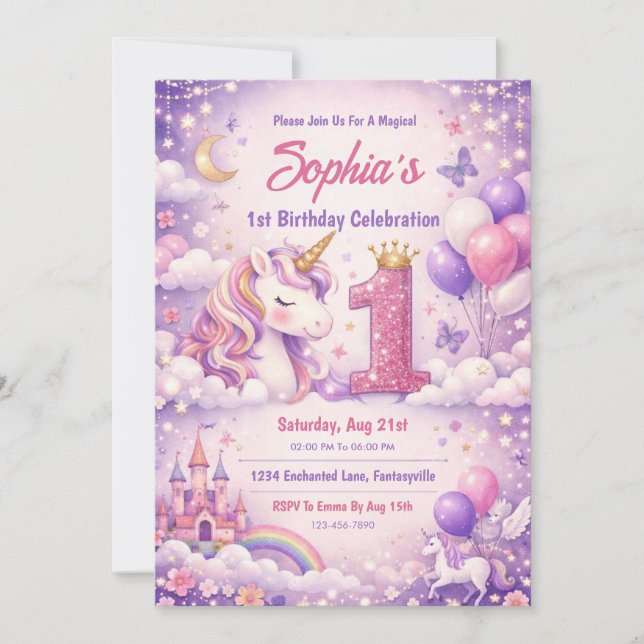 Convite Fantacy Magical Unicorn 1st Birthday (Frente)