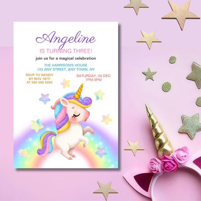 Convite Fantasia Arco-íris Estrelas Unicórnio Menina Anive (Criador carregado)