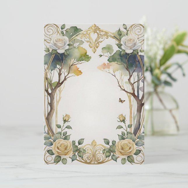 Convite fantasia casamento botânico com quadro floral (Em pé/Frente)