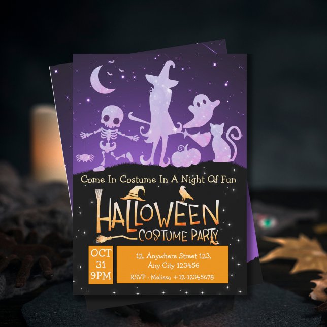 Convite Fantasia de Halloween Roxa Laranja Preta Moderna (Criador carregado)