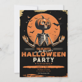 Convite Fantasia de Halloween Vintage Esqueleto de Abóbora