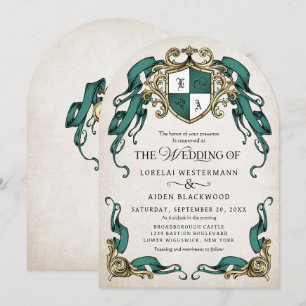 Convite Fantasia Escudo Medieval Esmeralda Verde Casamento