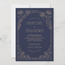 Convite Fantasia Floral Azul Marinho Dourado Casamento Enc