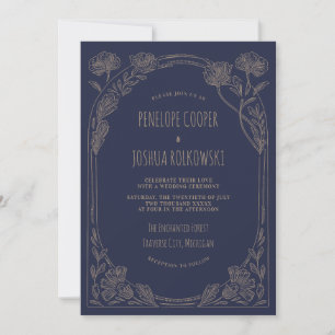Convite Fantasia Floral Azul Marinho Dourado Casamento Enc