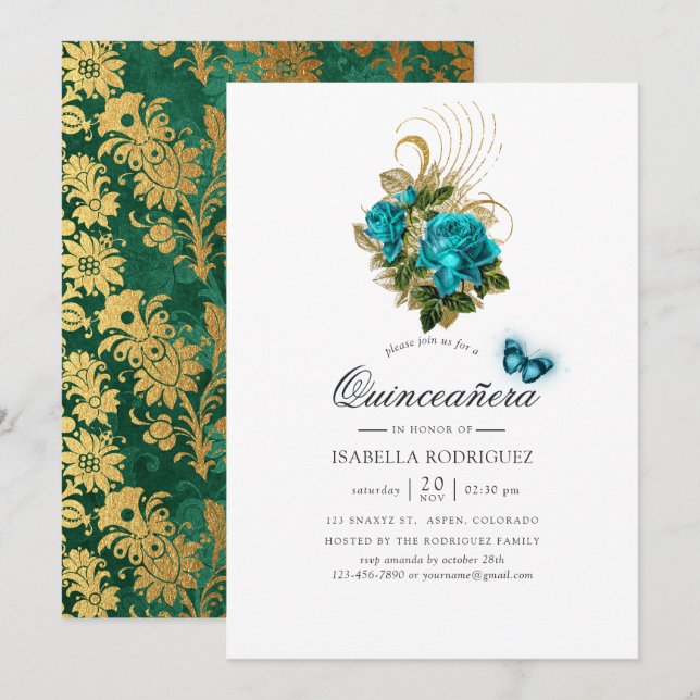 Convite Fantasia Turquesa e Dourada Quinceañera (Frente/Verso)