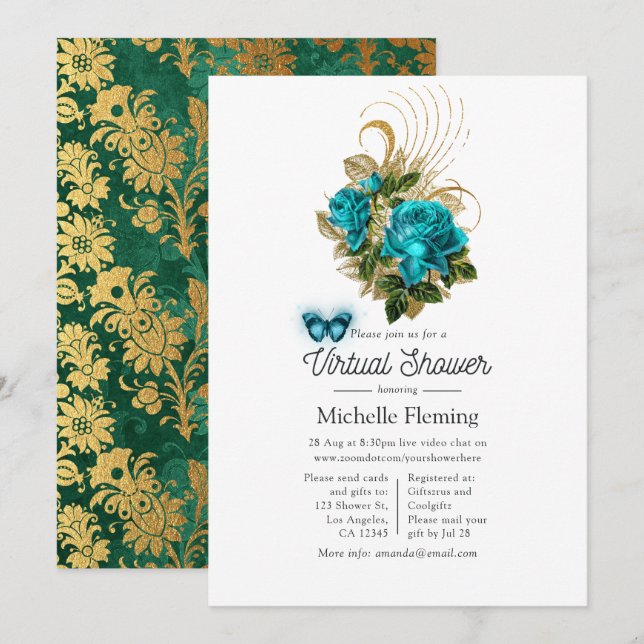 Convite Fantasia Turquesa e Dourado Chá Virtual (Frente/Verso)